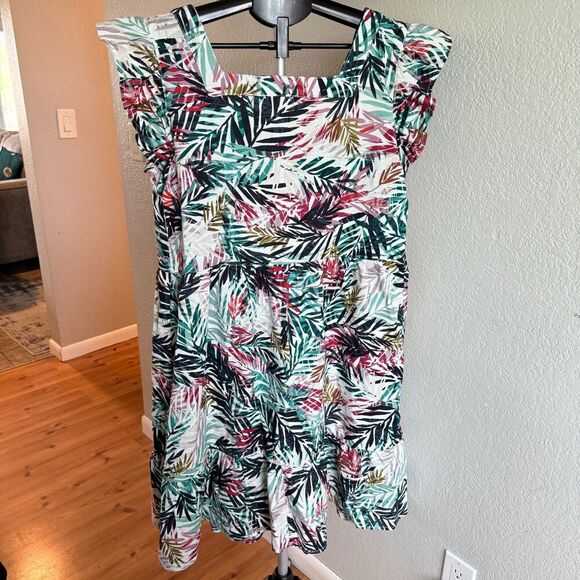 Beach Lunch Lounge Linen Cotton Blend Tropical Vacation Flutter Sleeve Dress L - Picture 2 of 4